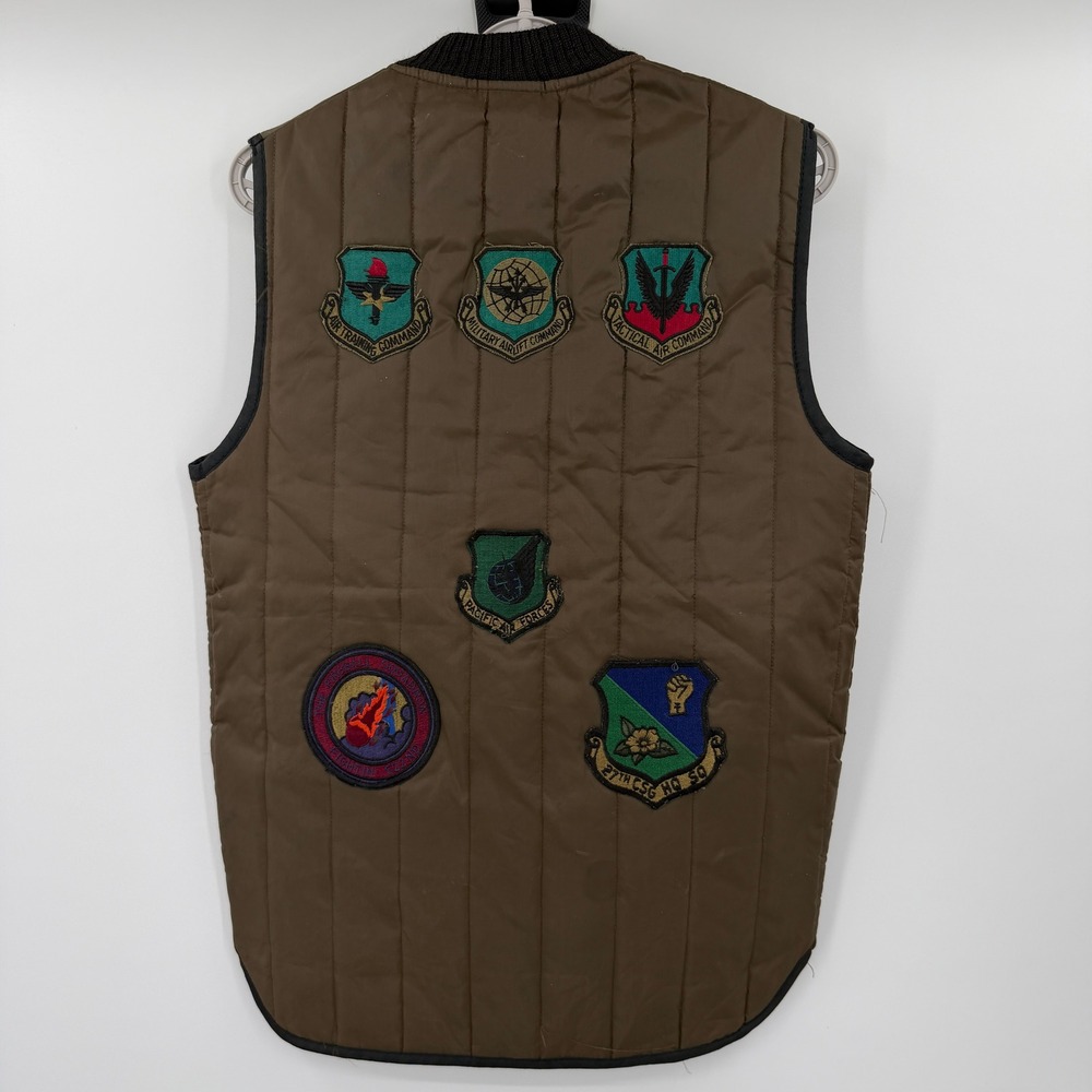Vintage Sears Workn Leisure Quilted Vest Brown Military Patches Mens Small